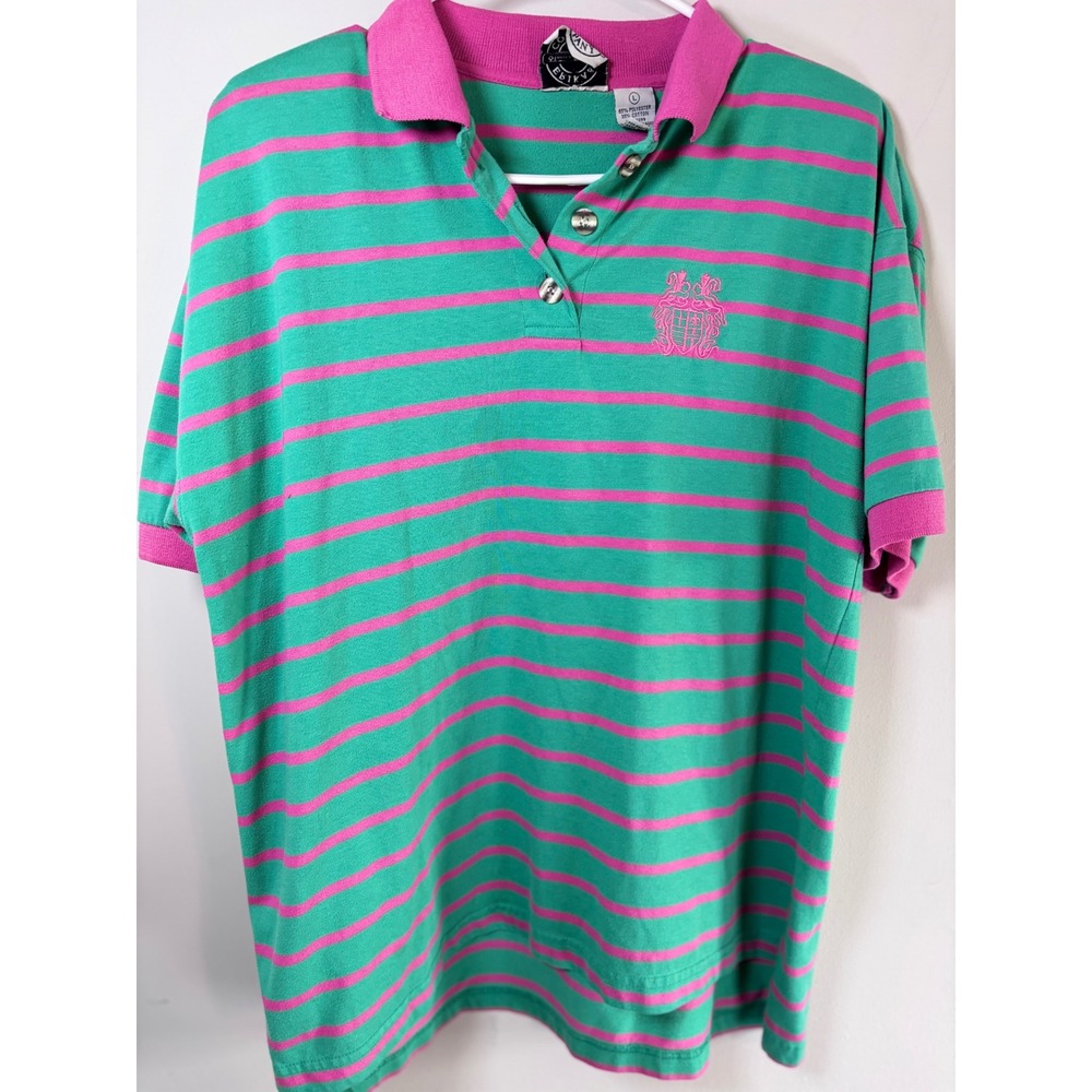 Vintage Erika & Company Green Pink Striped Polo Shirt Short Sleeve Crest Large